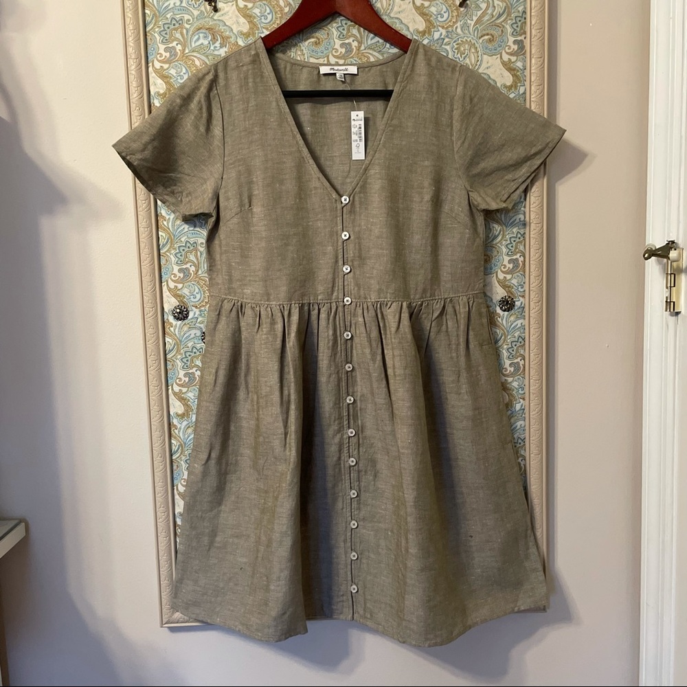 NEW Madewell Linen-Blend Button-Front Dress in Olive Branch